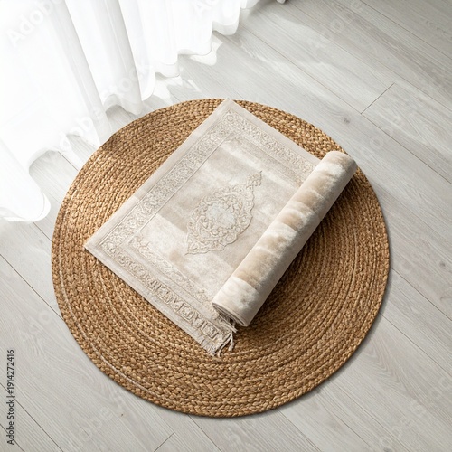 Cozy Rug on Woven Mat: A decorative rug is elegantly placed upon a round, woven mat, creating a warm, inviting ambiance. The scene is bathed in natural light filtering through the sheer curtain.