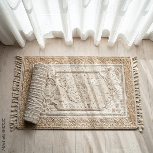 Cozy Carpet and Light: A rolled-up carpet rests beside an unfolded rug, both showcasing intricate patterns, with sunlight gently filtering through a nearby curtain, creating a warm.