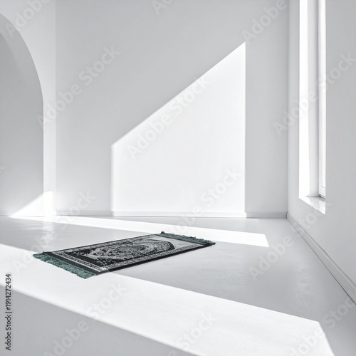 Prayer Rug in Minimalist Space: A prayer rug rests on the floor within a serene, minimalist room, bathed in natural light that casts striking shadows.