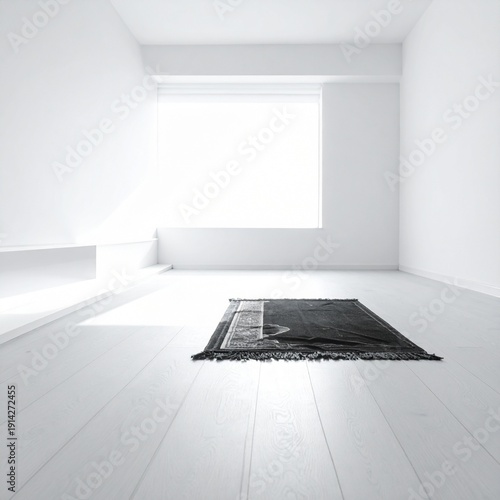 Minimalist Prayer Room: A serene prayer rug rests in a minimalist room, bathed in soft, natural light, symbolizing a space for contemplation and reflection.