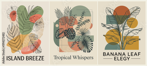 Set of mid-century modern tropical posters with line art banana, palm, monstera, fern leaves, hibiscus flowers, and geometric shapes in earthy tones. Stylish botanical wall decor.
