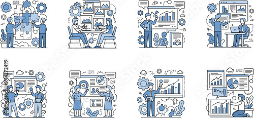 Vector illustration set of 8 business concepts including teamwork, strategic planning, data analysis, and creative problem solving।