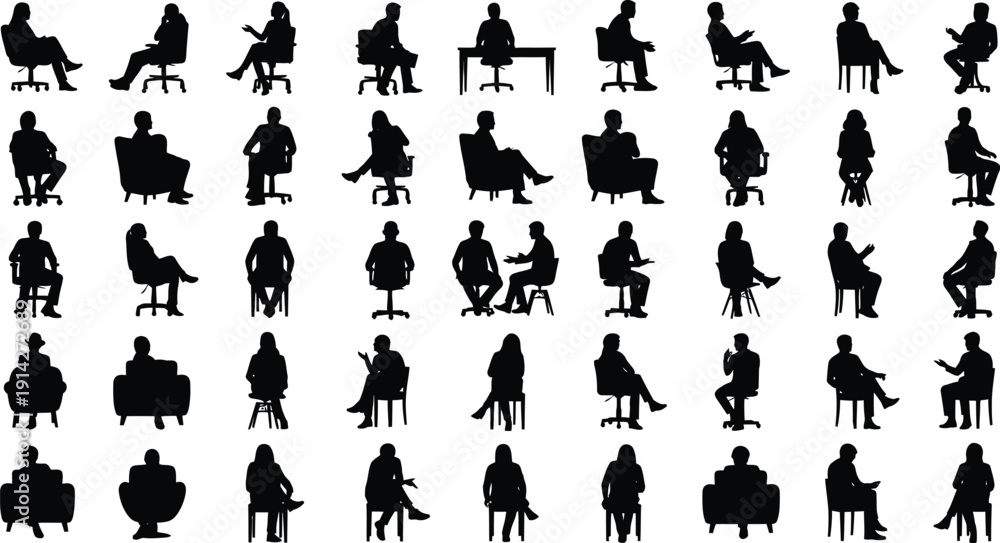 Obraz premium Seated figures display varied postures on office.