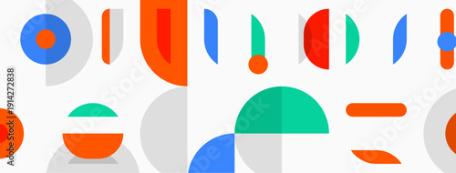 Abstract geometric shapes overlap, creating colorful composition. Circles, rectangles, curves dominate design. Minimalist style, modern aesthetic.