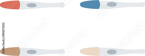 Vector illustration of four pregnancy tests with coral, blue, tan, and beige caps, isolated on a transparent background, suitable for health and family planning UI.