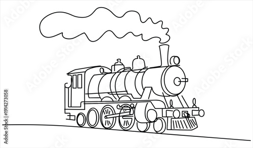 Steam Locomotive Train Outline Emitting Smoke, Vintage Transportation, Line Art