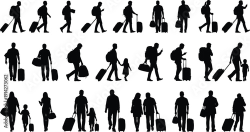 Traveler silhouettes show people moving with.