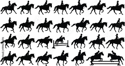 Equestrian rider silhouettes show horse jumping.