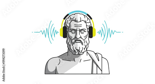 Illustration of a classical bearded man wearing yellow and black headphones with blue sound waves on a white background.