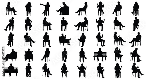 People sit in various poses on chairs.