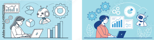 Business Woman Working with AI Robot Assistant for Data Analytics and Office Automation Illustrations