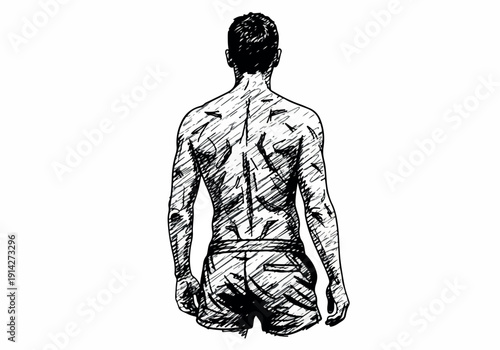 Back view of a man in shorts, sketched from the rear, highlighting musculature