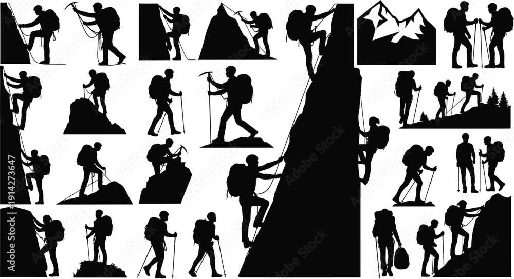 Obraz premium Mountain climbers ascend steep rock faces.