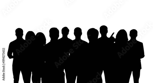 Group of silhouetted people standing closely together in a uniform line isolated on transparent background, Vector