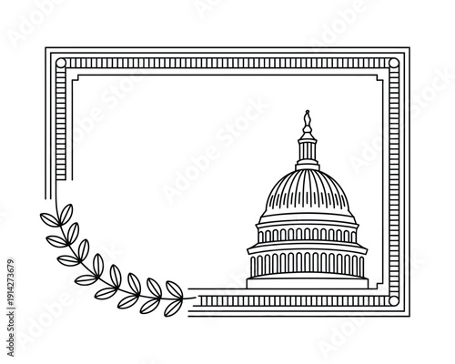 Illustrative frame, with United States Capitol dome and laurel wreath, featuring architectural details, patriotic emblem, and elegant design for branding, logos, and creative projects