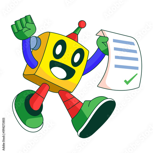 Flat illustration showing a robot character verified successfully
