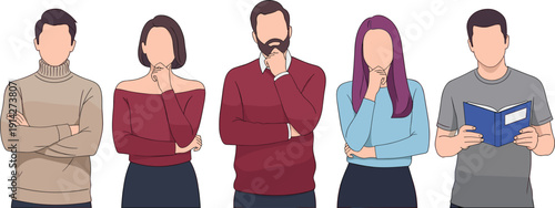 Vector illustration set of five diverse people in modern casual outfits with different thinking and reading poses।