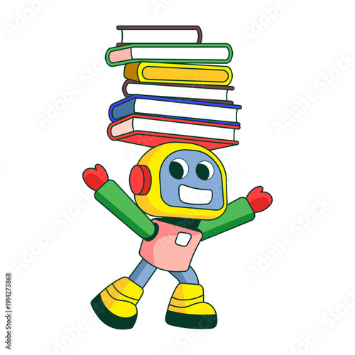 A flat style illustration showing a robot character balancing books