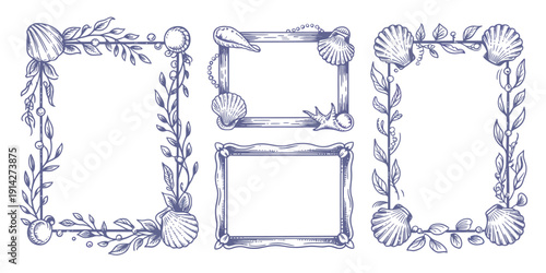 Decorative nautical frames, and borders featuring seashells, coastal foliage illustrations, marine elements, elegant ocean inspired ornaments, and seaside themed decorative design compositions.