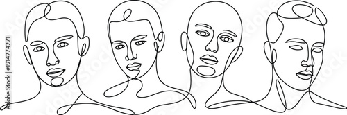 Four stylized line of human faces with minimalistic and flowing hair in black and white line human faces