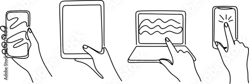Hand interacting with various electronic devices including a smartphone tablet laptop and another smartphone with a flashlight