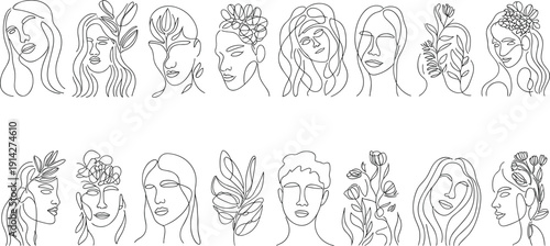Line of women with floral and various hairstyles in black and white line women floral hairstyles abstract