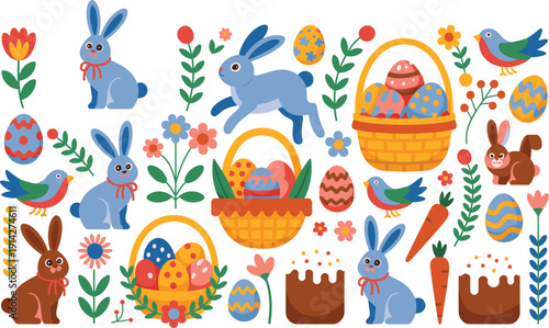 Cute easter spring collection with bunnies decorated eggs baskets flowers birds and cakes cartoon vector illustration set