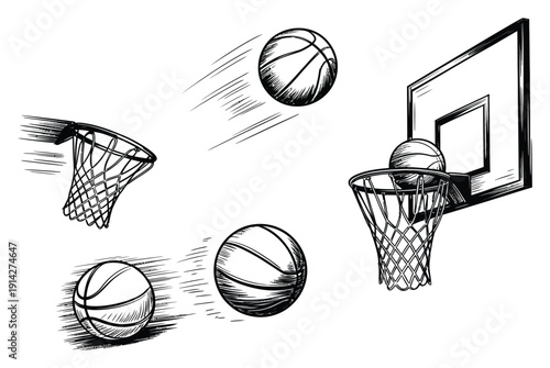 Basketball Hoops and Balls Sketch Vector Illustration