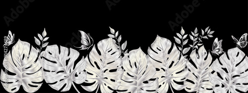 monstera silver leaves on a transparent background with  silver butterfly,long.ai