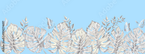 monstera silver leaves on a blue background with  silver butterfly,long.eps