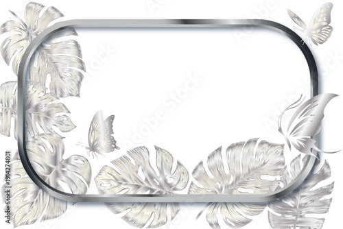 monstera silver leaves on a transparent background with a silver frame and silver butterfly.ai