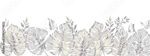 monstera leaves on a silver background with a silver frame.Close-up. Design element