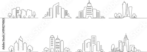 Minimalist line of various city skylines with buildings and trees line city skyline black and white