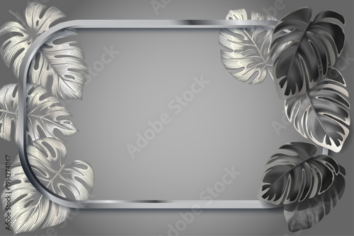 monstera leaves on a silver background with a silver frame.ai