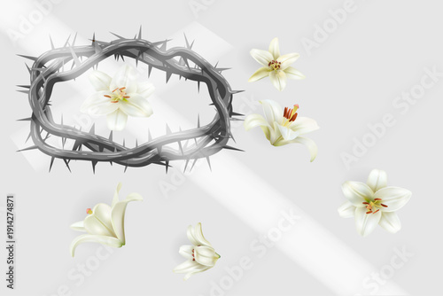 crown of thorns with the shadow of a Christian cross and white lilies on a gray background.Close-up
