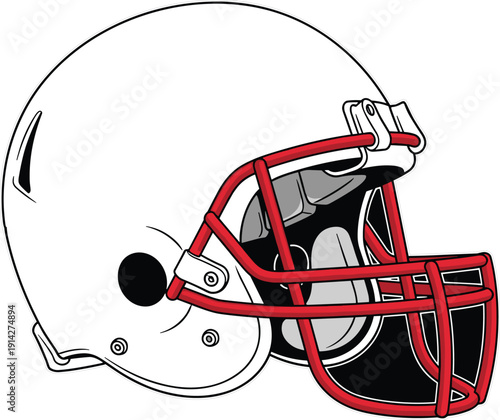 Vector illustration of a white American football helmet with a red face mask for sports and competition concepts।