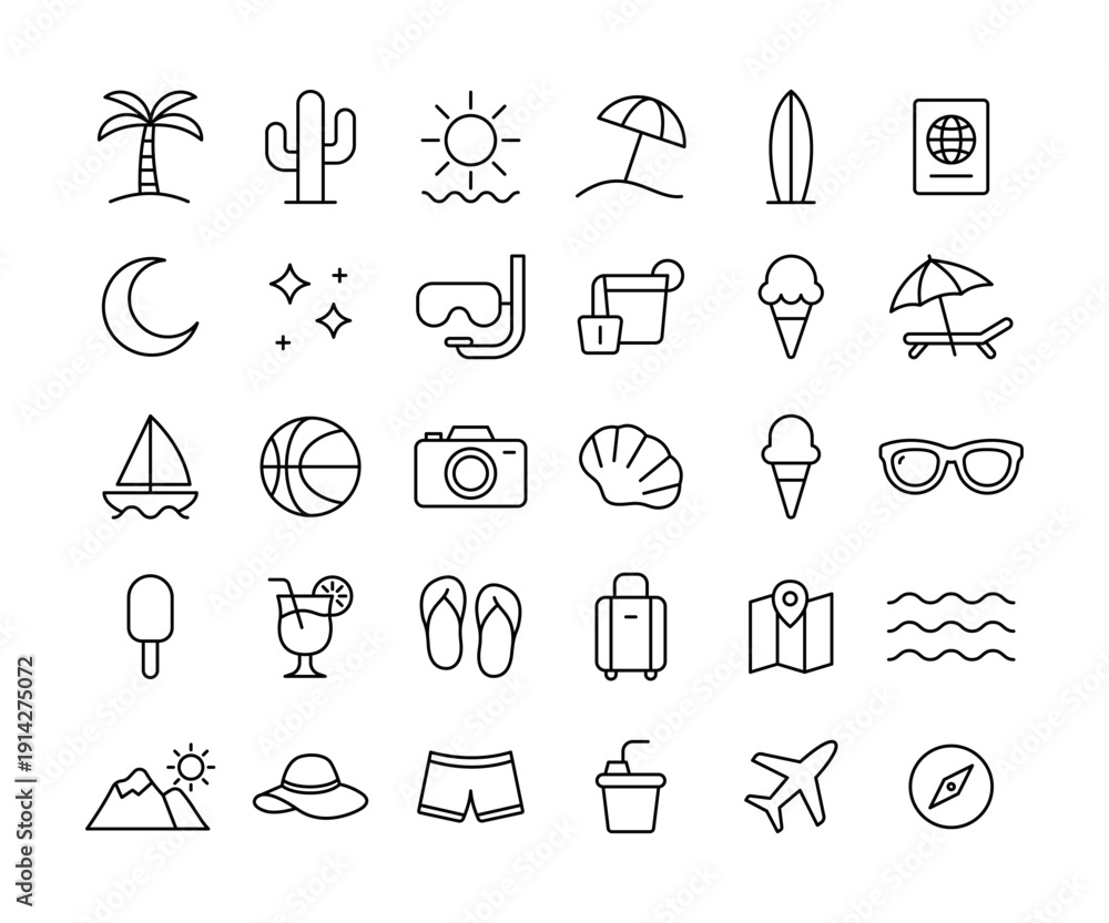 Fototapeta premium Minimalist summer vacation icons collection featuring beach and travel themes.