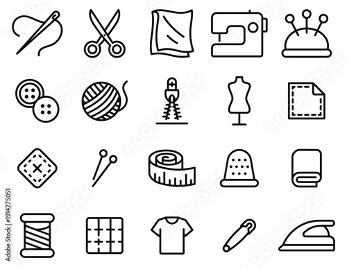A collection of sewing and crafting tools. The image is black and white. The tools include scissors, needles, pins. Vector. Editable Stroke.