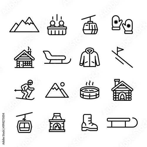 Winter activities and symbols: skiing, cabin, and cozy gear illustration set.
