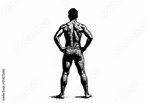 Muscular Man Standing with Hands on Hips, View from Behind, Black and White Illustration