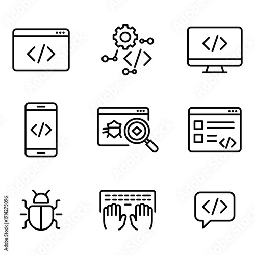 Coding and development icons including debugging and software interfaces.