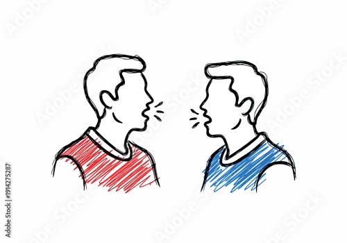 Two individuals engaged in conversation, depicted with stylized, hand-drawn lines and subtle color accents, symbolizing communication and dialogue in a modern graphic style