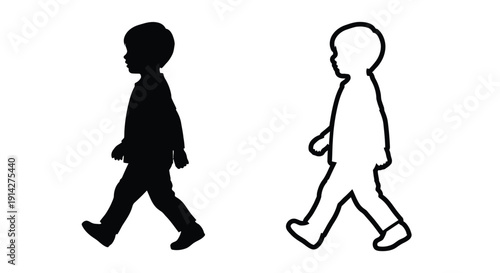 Silhouettes of two figures one solid black and one white outline walking