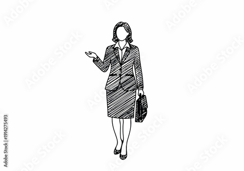 Illustration of a businesswoman in a suit, standing with a briefcase and gesturing with her hand