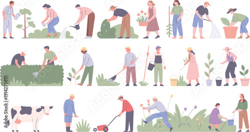 People gardening and tending to plants in various ways with different tools and a cow in the background