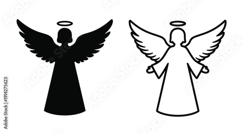Two angel silhouettes one black one white both with feathered wings