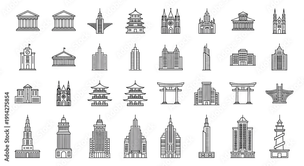 Fototapeta premium Mixed Architecture Icon Sheets Vector Line Art Set No Color Outline Design