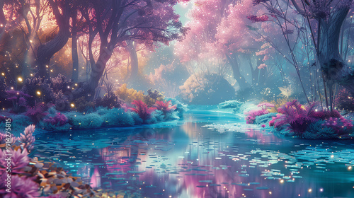 Fantasy landscape with dreamy forest and river