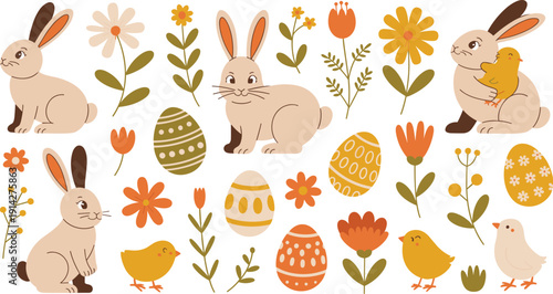 Cute easter bunnies chicks decorated eggs and spring flowers cartoon vector illustration collection