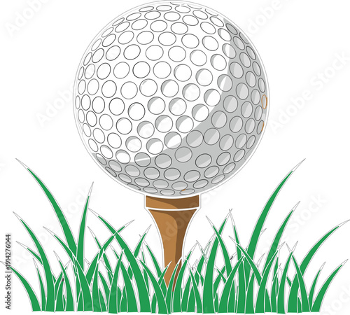 Vector illustration of a white golf ball sitting on a brown wooden tee surrounded by green grass for sports concepts।